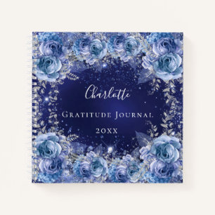 Gratitude journal blue flowers silver glitter name