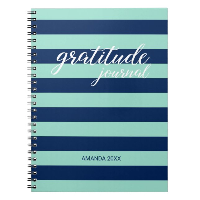 Gratitude Journal Mint Green Navy Stripes Name (Front)