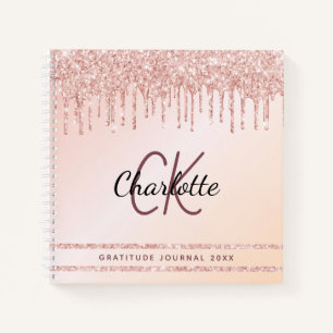 Gratitude journal monogram rose gold blush glitter