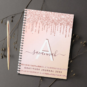 Gratitude journal monogram rose gold pink glitter
