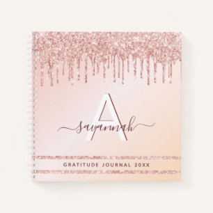 Gratitude journal monogram rose gold pink glitter