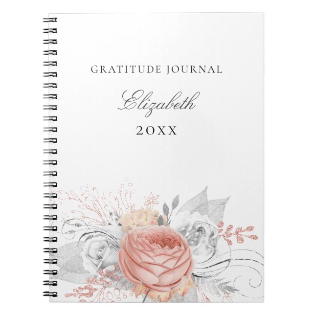 Gratitude journal rose gold floral silver foliage (Front)