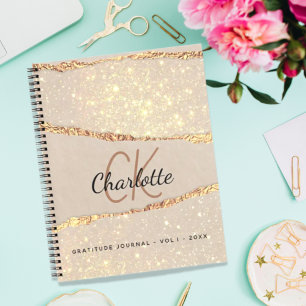 Gratitude journal rose gold glitter agate monogram
