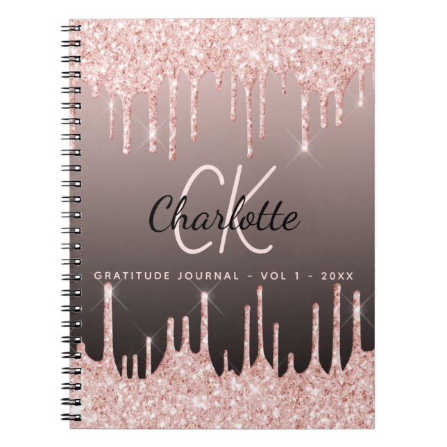 Gratitude Journal rose gold glitter black monogram (Front)