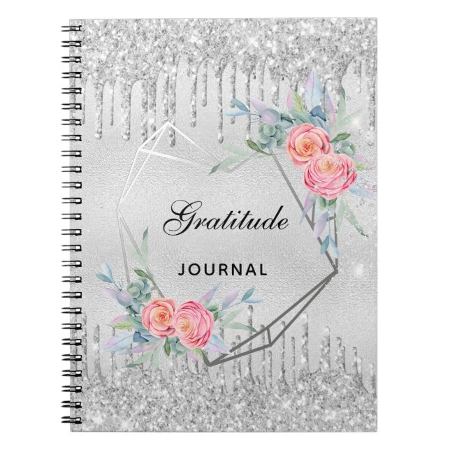 Gratitude journal silver floral glitter blush pink (Front)
