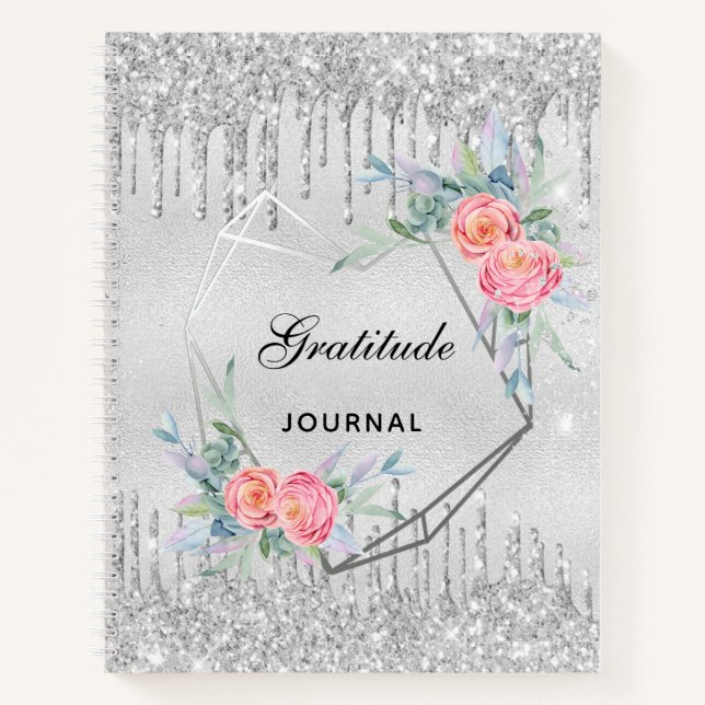Gratitude journal silver floral glitter blush pink (Front)