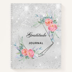 Gratitude journal silver pink florals glitter dust