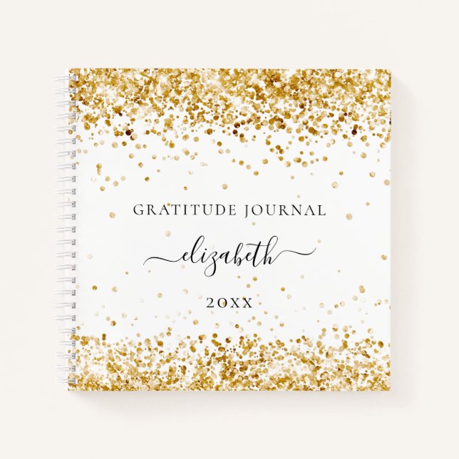 Gratitude journal white gold glitter confetti name (Front)