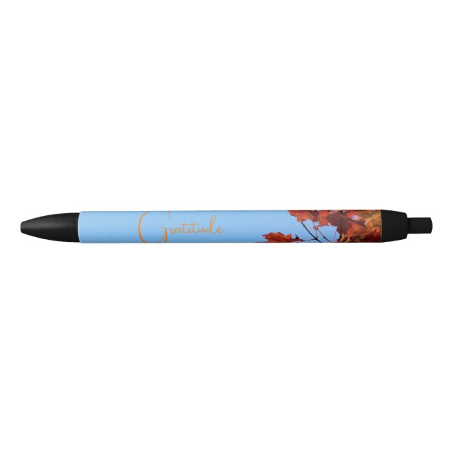 "Gratitude" Red Maple Leaves  Blue Background Black Ink Pen (Front)