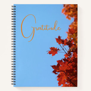 "Gratitude" Red Maple Leaves  Blue Background Notebook