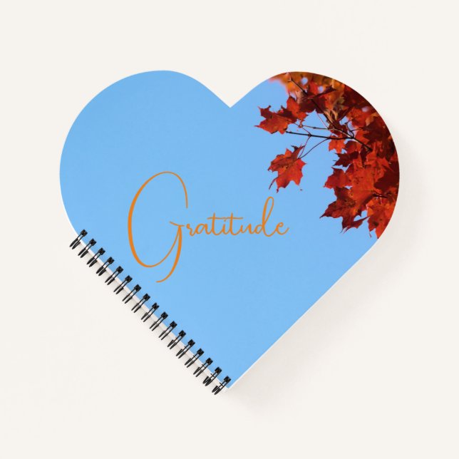 "Gratitude" Red Maple Leaves  Blue Background Notebook (Front)