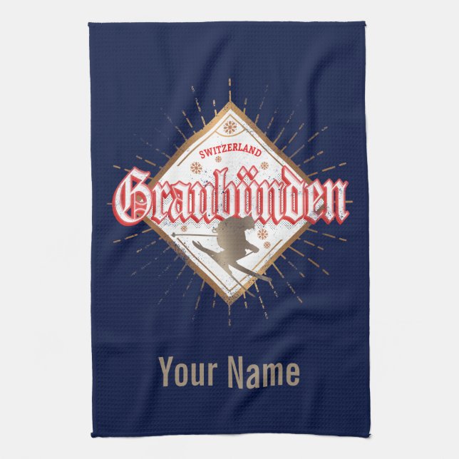 Graubünden Switzerland retro skier vintage Tea Towel (Vertical)