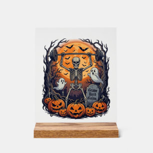 Grave Yard Gains Skeleton Lifting Barbell Hallowee Acrylic Sign