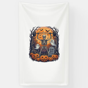 Grave Yard Gains Skeleton Lifting Barbell Hallowee Banner