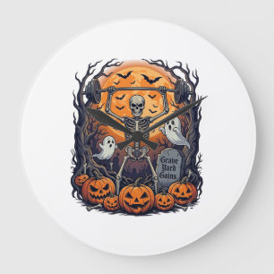 Grave Yard Gains Skeleton Lifting Barbell Hallowee Large Clock