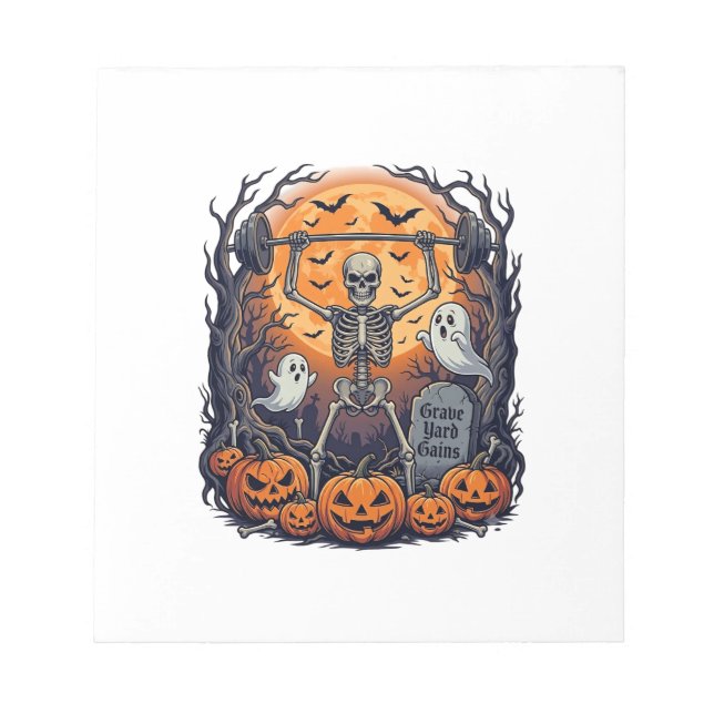 Grave Yard Gains Skeleton Lifting Barbell Hallowee Notepad (Front)