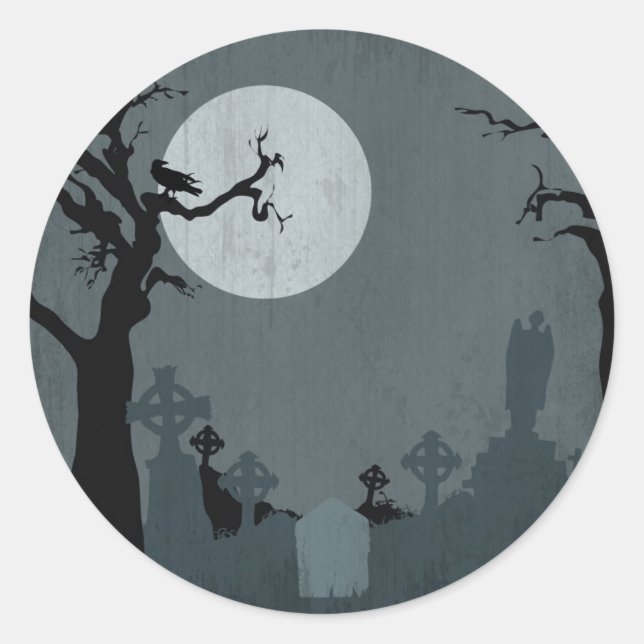 Graveyard and Full Moon for Halloween Classic Round Sticker (Front)