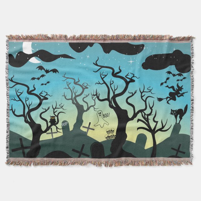 Graveyard black, aqua, yellow Halloween Throw Blanket (Front)
