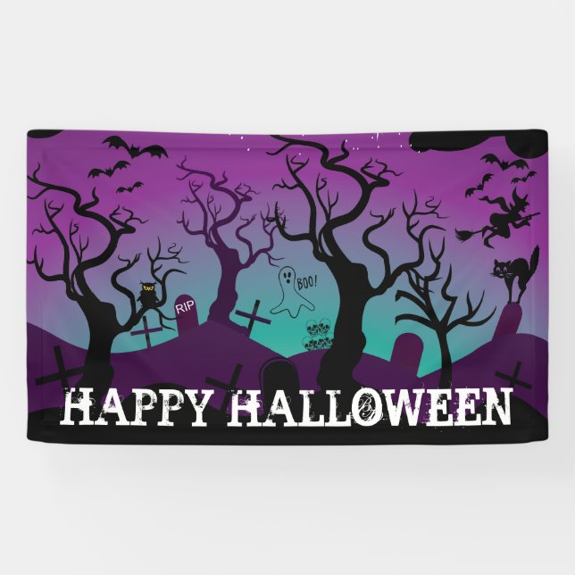 Graveyard black, purple, turquoise Halloween Banner (Horizontal)