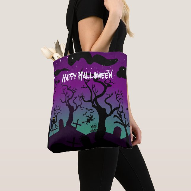 Graveyard black, purple, turquoise Happy Halloween Tote Bag (Close Up)