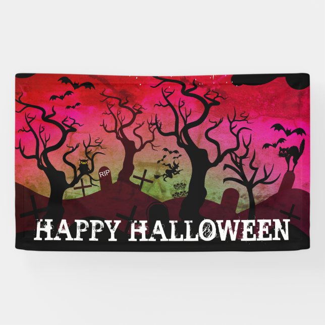Graveyard black, red, olive green Halloween Banner (Horizontal)