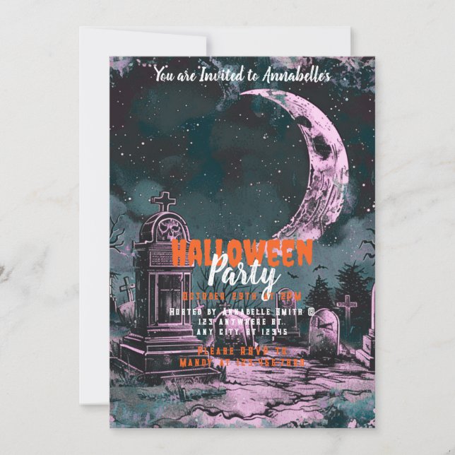 Graveyard Crosses Crescent Moon Halloween Party Invitation (Front)