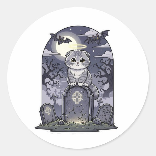 Graveyard Fold – Cute Scottish Fold Cat Halloween Classic Round Sticker (Front)