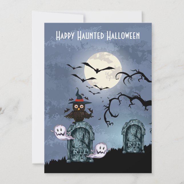 Graveyard Ghosts Owl Full Moon Halloween Invitation (Front)
