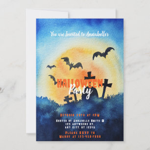 Graveyard Setting Sun Bats Halloween Party Invitation