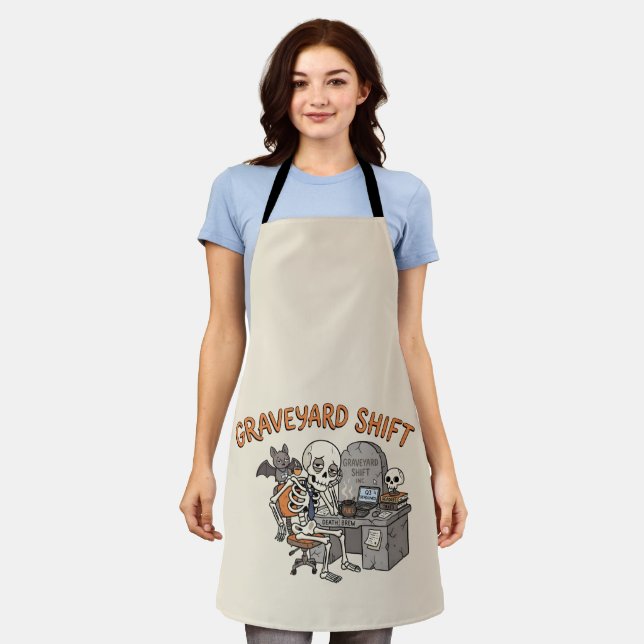 Graveyard Shift Office Skeleton Funny Halloween  Apron (Worn)