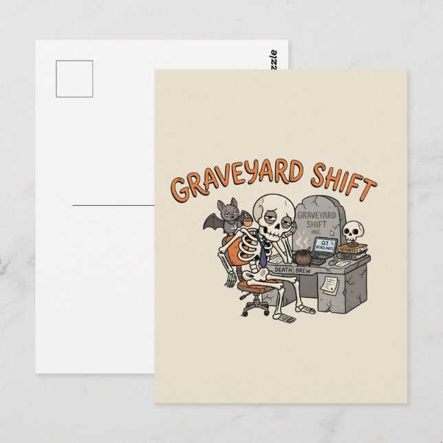 Graveyard Shift Office Skeleton Funny Halloween  Postcard (Front/Back)