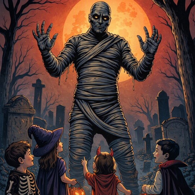 Graveyard Trick‑or‑Treat Mummy Poster ("Beware the mummy's midnight treat")