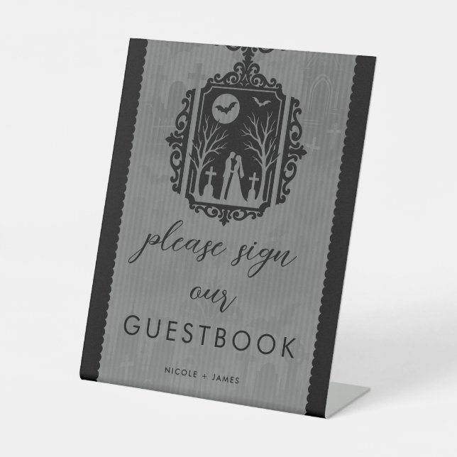 Graveyard Vows Black & Grey Gothic Guestbook Sign (Front)