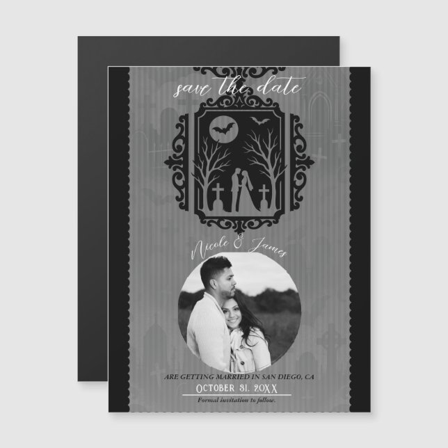 Graveyard Vows Black & Grey Gothic Save The Date (Front/Back)