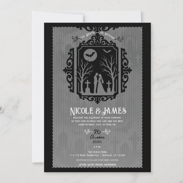 Graveyard Vows Black & Grey Gothic Wedding Invitation (Front)