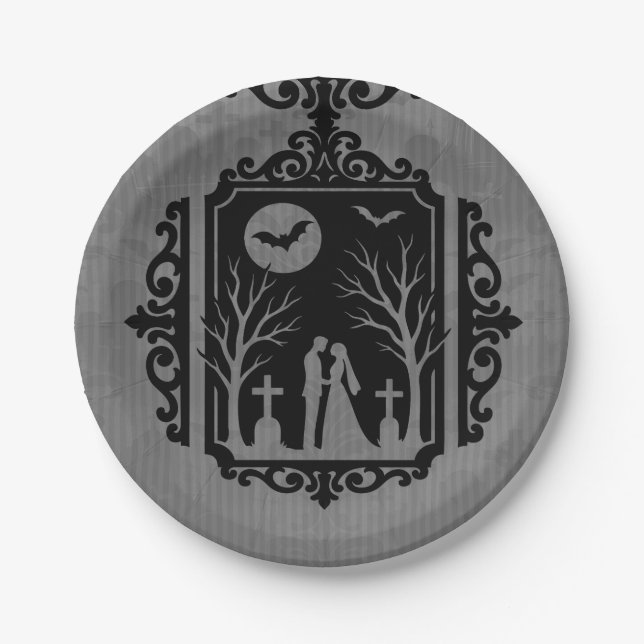 Graveyard Vows Black & Grey Gothic Wedding Paper Plate (Front)