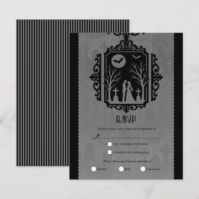 Graveyard Vows Black & Grey Gothic Wedding RSVP Invitation (Front/Back)