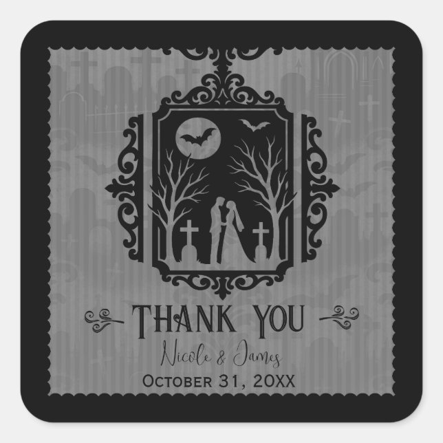 Graveyard Vows Black & Grey Gothic Wedding Square Sticker (Front)