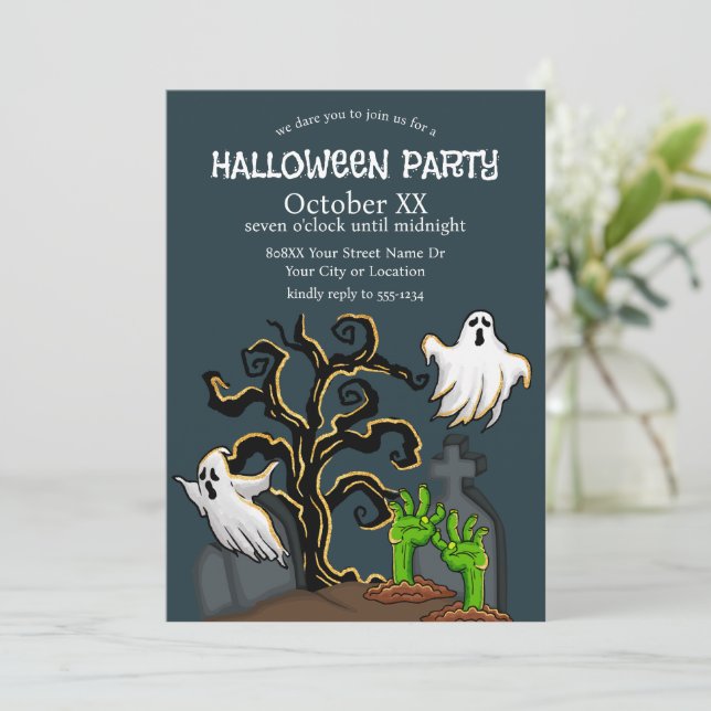 Graveyard Zombie and Ghosts Cute Halloween Party Invitation (Standing Front)