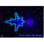 Gravity Drive Spacecraft Photo Sculpture Magnet<br><div class="desc">A simple,  blue-toned 3D fractal image resembling a stylised spaceship superimposed on a starry background. Concentric rings (gravity waves?) emanate from the spacecraft into the seemingly empty vacuum of space. A light blue aura surrounds the spacecraft,  perhaps the result faster-than-light travel. Add your own text.</div>
