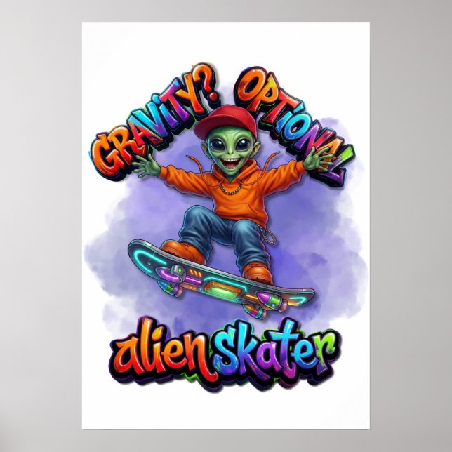 Gravity Optional Alien Skater Hoverboard Space Art Poster (Front)