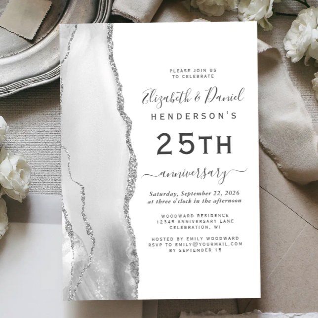 Gray Agate Silver 25th Anniversary Invitation (Creator Uploaded)