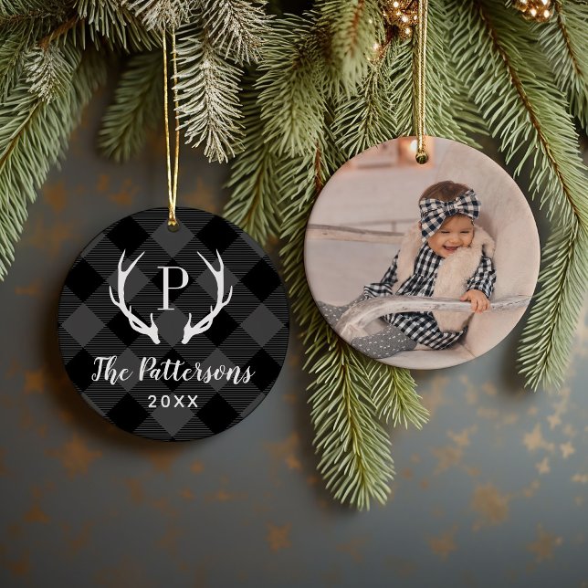 Gray and Black Plaid Rustic Antler Monogram Photo Ceramic Tree Decoration (Creator Uploaded)