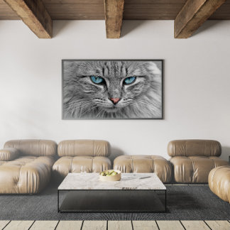 Gray and Black Tabby Cat with Beautiful Blue Eyes Poster