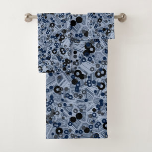 gray and blue geometric abstract bath towel set