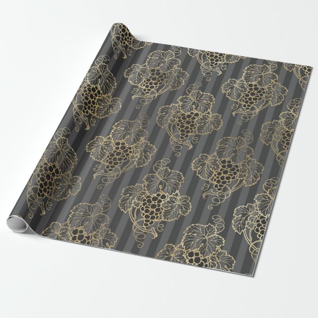 Gray and Faux Gold Vintage Wine Wrapping Paper (Unrolled)