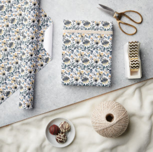 "Gray and Gold Flowers Wrapping Paper