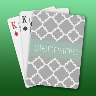 Gray and Mint Quatrefoil Pattern Custom Name Playing Cards