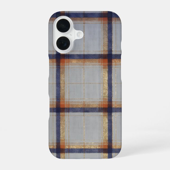 Gray and Navy Plaid with Gold Accent iPhone 16 Case (Back)