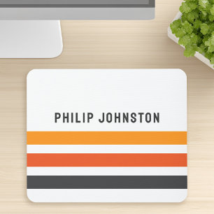 Gray and orange retro stripes custom name white mouse mat